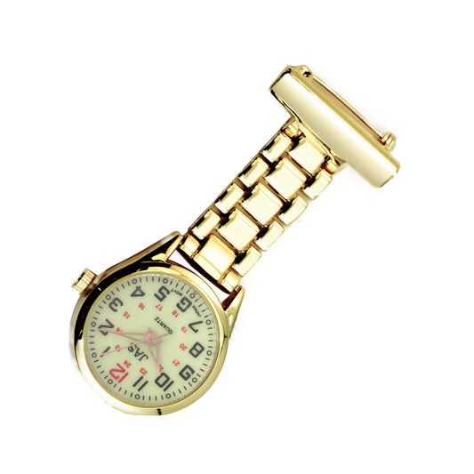 Metallic Pin-on Nurse Watch - Linked - Gold with Luminous Dial