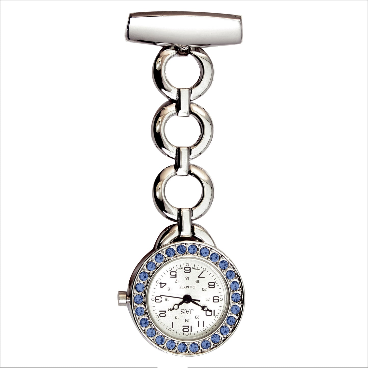 Metallic Pin-on Nurse Watch - Hooped Link with Stones - Silver with Blue Stones