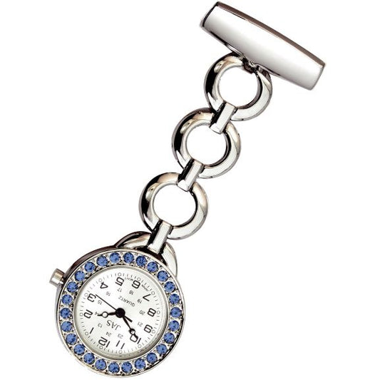 Metallic Pin-on Nurse Watch - Hooped Link with Stones - Silver with Blue Stones