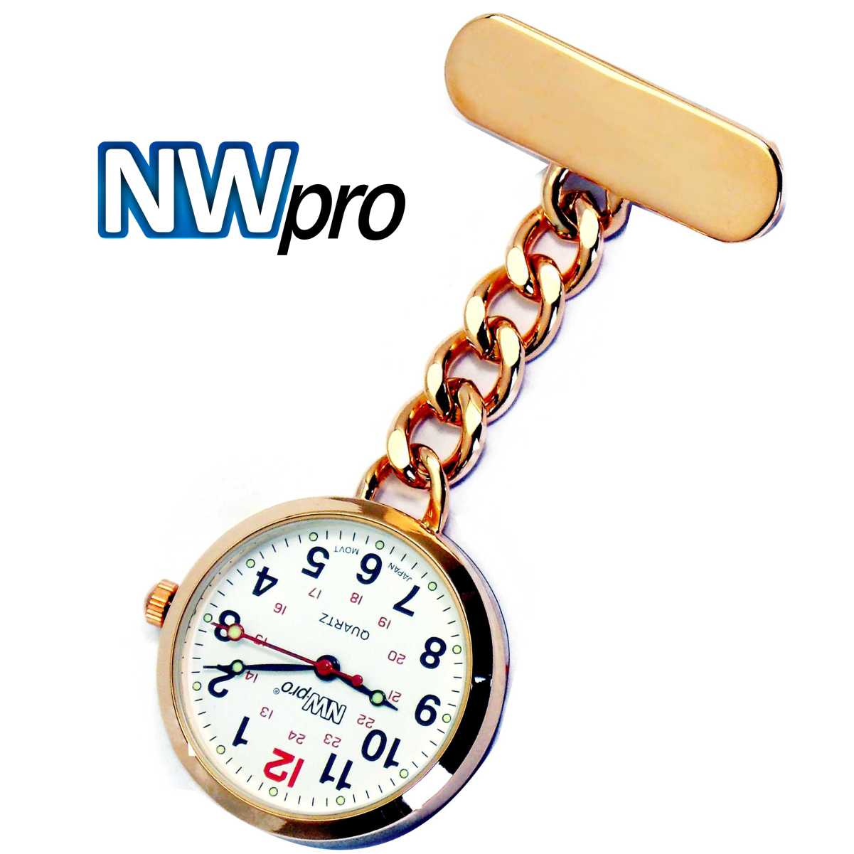 NW-Pro Lapel Nurse Watch - Large White Dial - Water Resistant - Chained - Rose Gold Tone