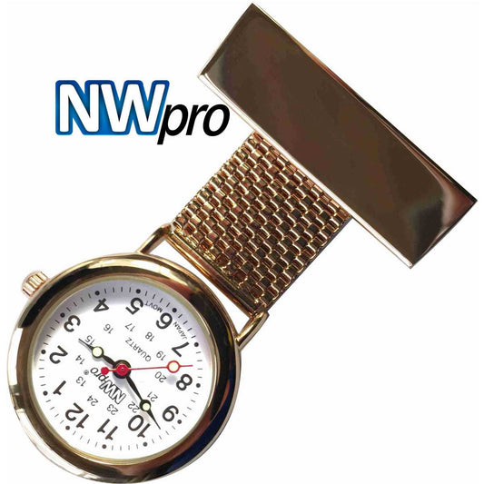 NW-Pro Lapel Nurse Watch - White Dial - Water Resistant - Wide Braid - Rose Gold