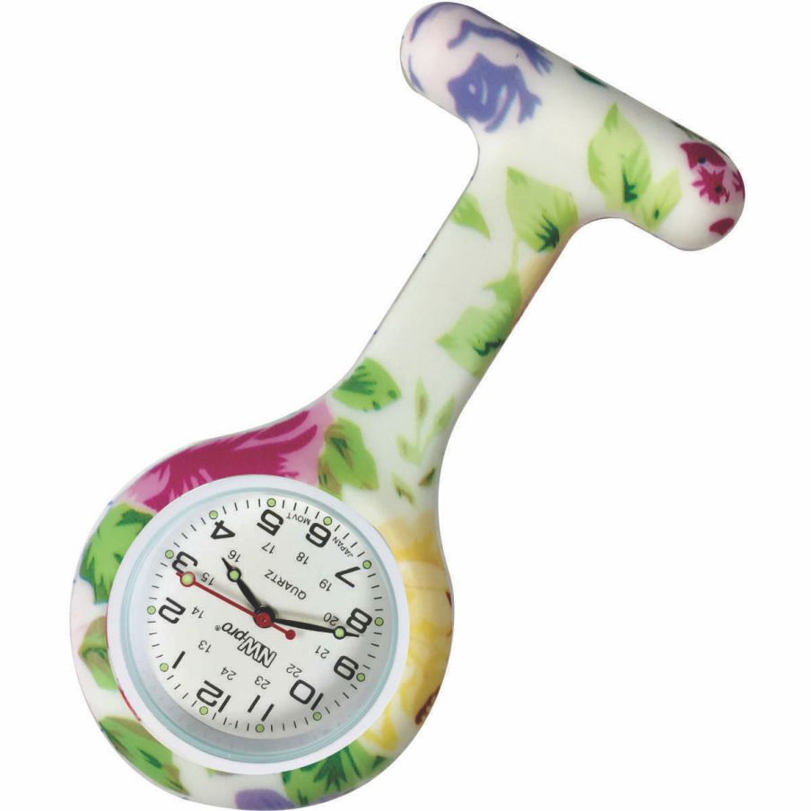 Silicone Pin-on Nurse Watch - Floral Pattern - White Dial