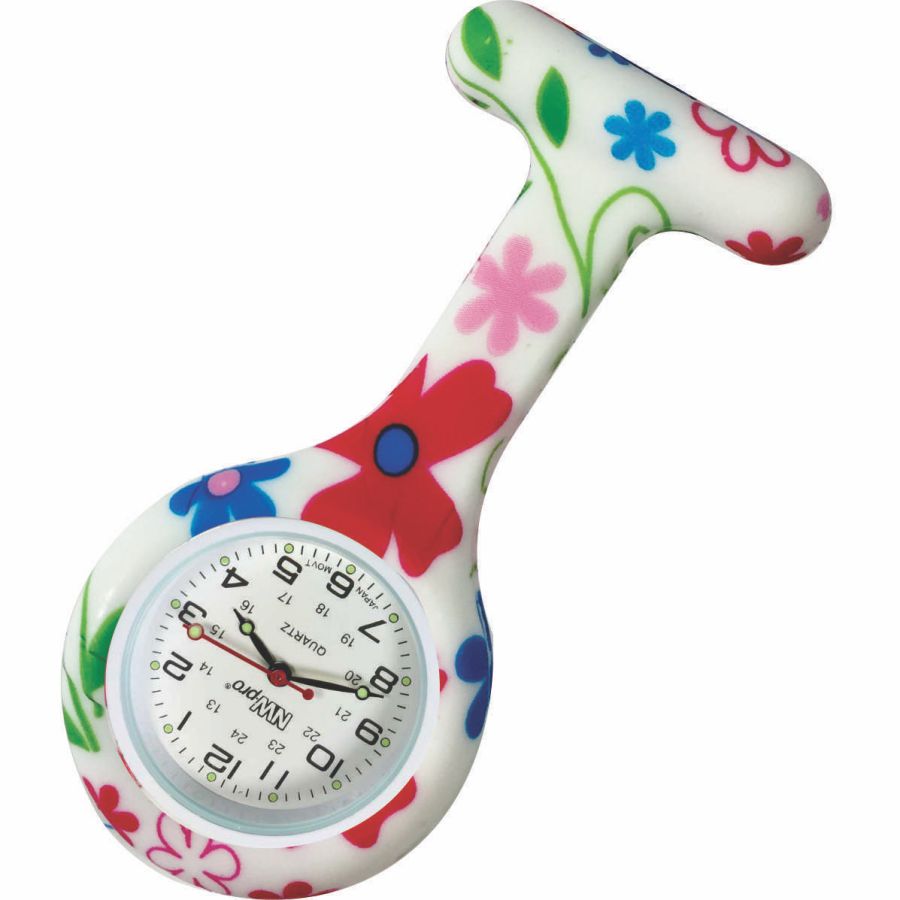 Silicone Pin-on Nurse Watch - Floral Pattern - White Dial