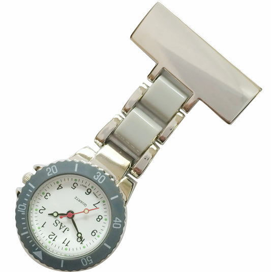 Metallic Pin-on Nurse Watch - Linked Silver -Gray