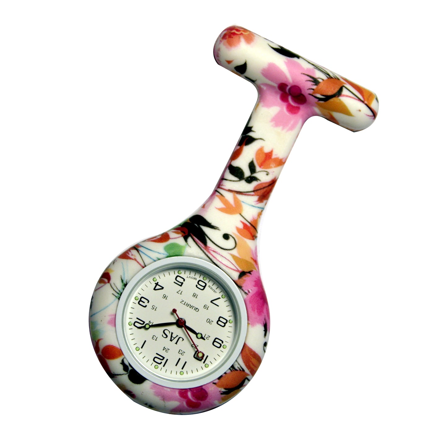 Silicone Pin-on Nurse Watch - Floral Pattern - White Dial