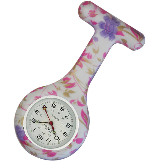 Silicone Pin-on Nurse Watch - Floral Pattern - Sweeping White Dial