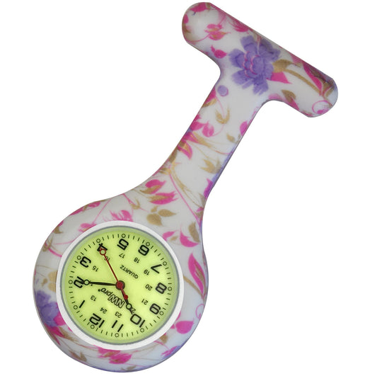 Silicone Pin-on Nurse Watch - Floral Pattern - Sweeping Luminescent Dial